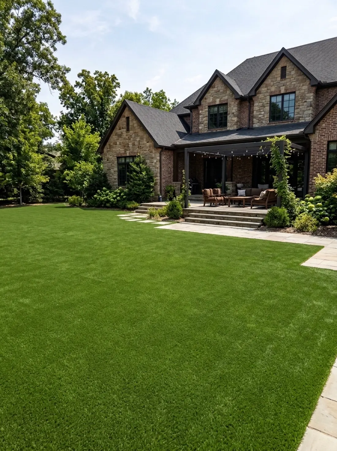 After: the same luxury Tulsa backyard with flawless smooth artificial turf installed