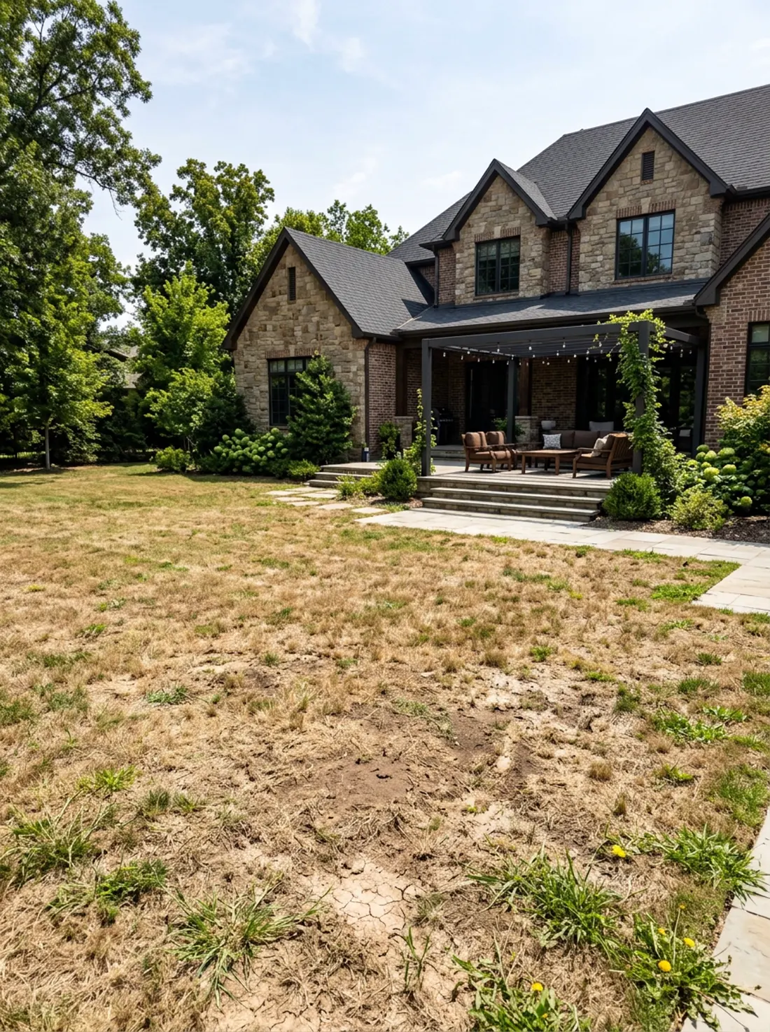Before: drought-stressed patchy lawn at a luxury Tulsa home